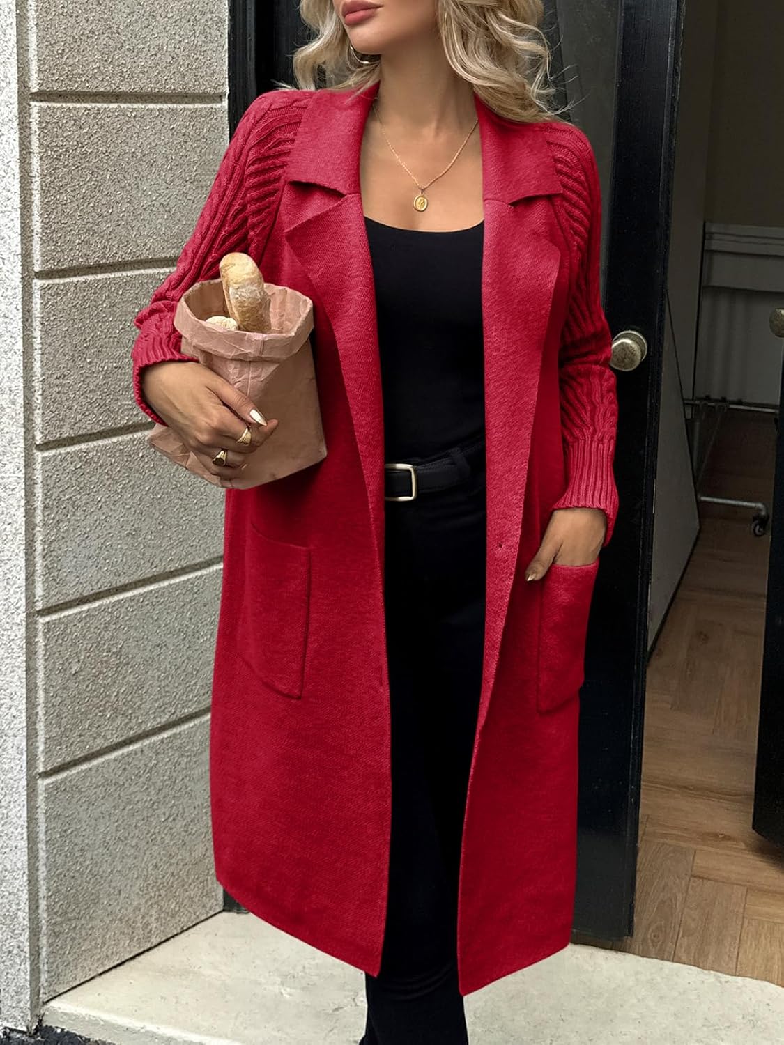 Saodimallsu Womens Long Cardigan Sweaters Chunky Knit Open Front Button Lapel Casual Fall Coatigan Jackets - Image 2