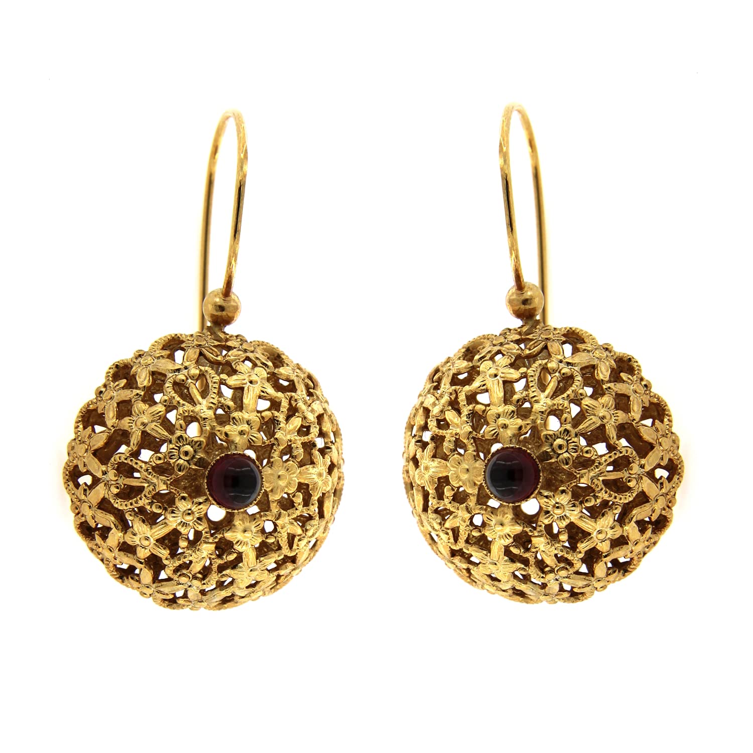 Mokilu' Orecchini Vintage Oro 24kt Con Pietra Granato - Made In Italy