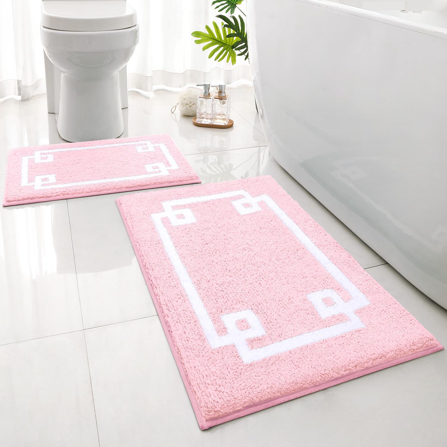 HOMEIDEAS Bathroom Rugs Sets 2 Piece, Soft and Water Absorbent Microfiber Carpet, Non-Slip Washable Bath Mats (20"x32"+16"x24", Pink and White)