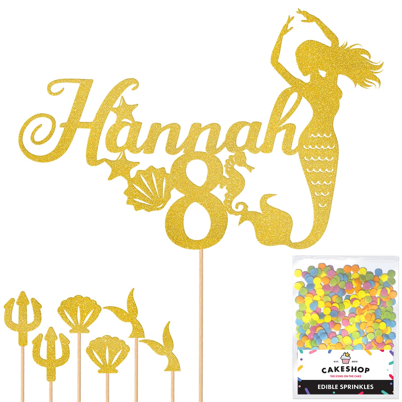 Personalised Birthday Mermaid Glitter Cake Topper- Gold Any Custom Age & Name Glitter Cake Decoration and Sprinkles - Happy Birthday Decorations - Personalised Toppers for Cakes by Cakeshop — image 1
