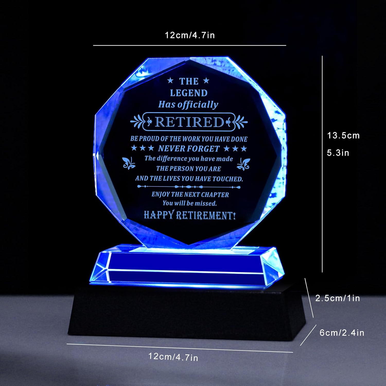 Happy Retirement Gifts for Men Women Present Decorations Crystal Plaque Keepsake Best retired Plaque Inspirational Gift for Retired Friends Boss Coworker Teacher Police (Retirement Gift+LED Base) - Image 3