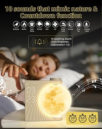 Sunrise Alarm Clock for Bedroom - Auto Rotating Moon Lamp with Wake Up Light & Night Light, 10 Natural Sounds, Dual Alarm for Heavy Sleepers, 30/60/90 Timer & Snooze