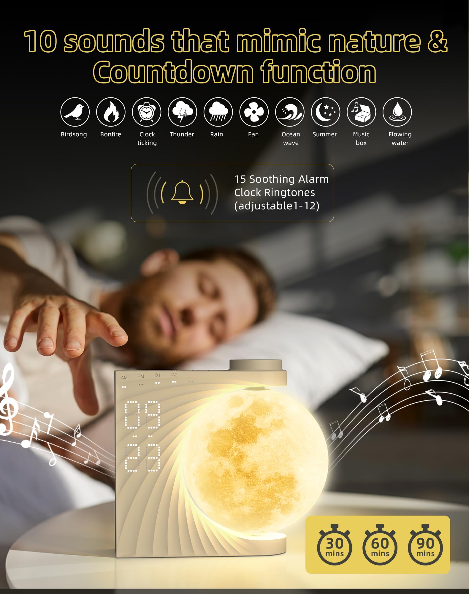 Lampa księżycowa z budzikiem, Obrotowy budzik świetlny, Księżycowy budzik obrotowy, 10 kojących dźwięków z kolorowym trybem oświetlenia,Podwójne alarmy, Funkcja drzemki, Światło budzenia