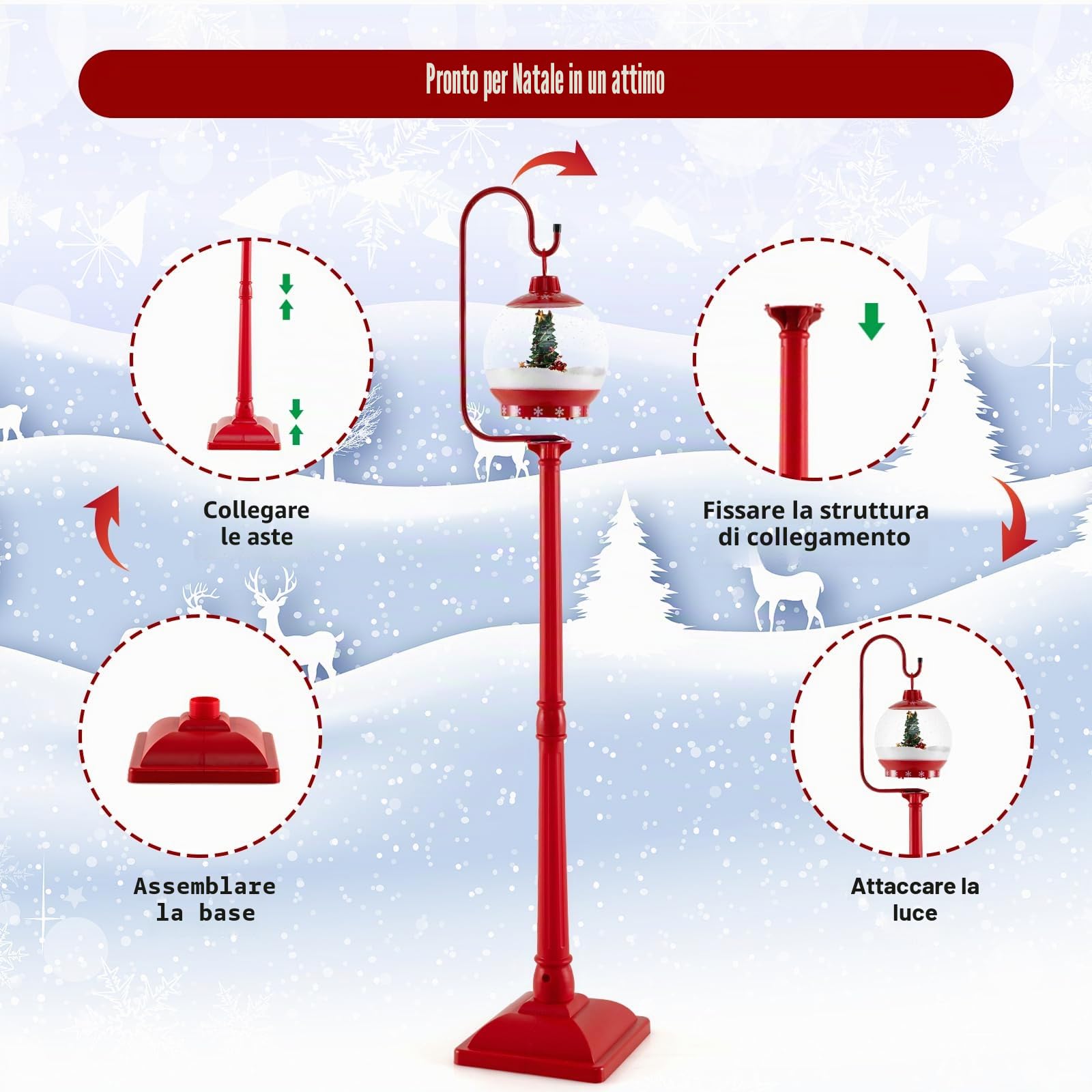 SOARS Decorazioni Natalizie, Lampione Natalizio con Neve 170 CM, Musica, Lanterna Natalizia Sfera di Cristallo Girevole a 360°, Fiocchi di Neve, Albero di Natale, Addobbi Natalizi per Esterno Interno