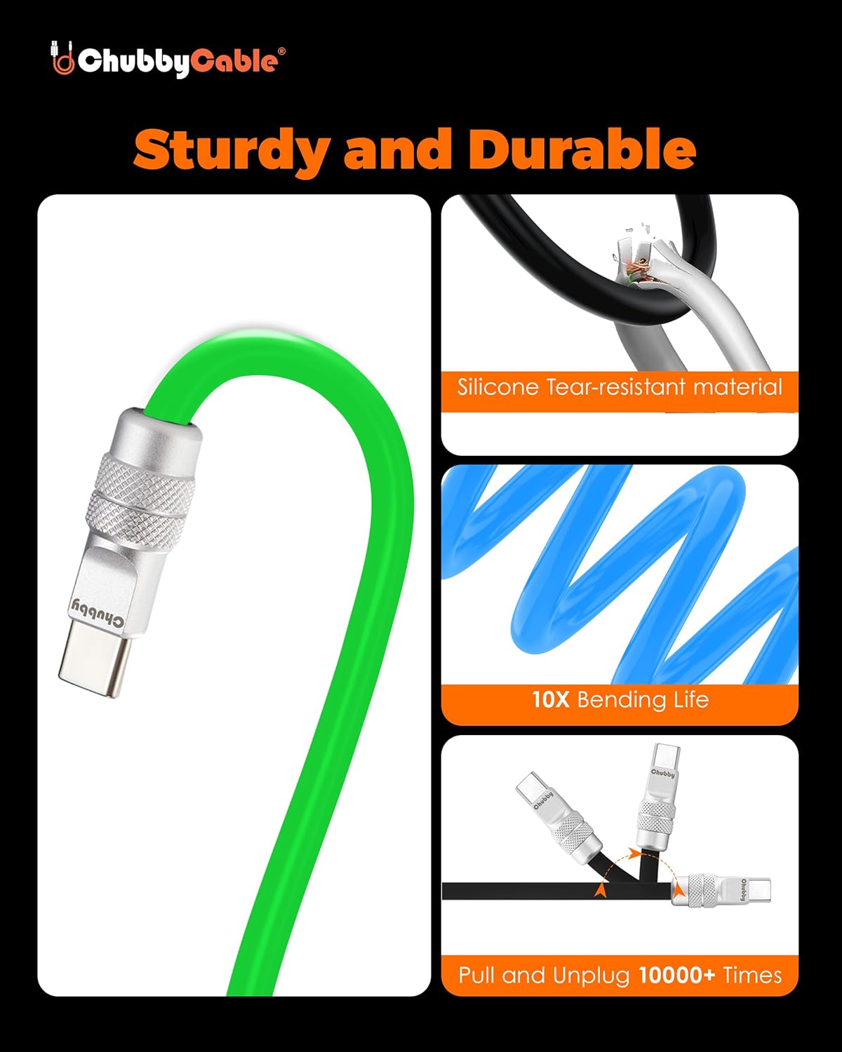 chubbycable Couple Chubby 2 Pack 120W USB C Cable Extra Thick Silicone Fast Charging Cable Compatible with iPhone 17-15 Series iPad Galaxy Series, Dark Blue+Orange, USB-A to Type-C, 3.3FT - Image 5