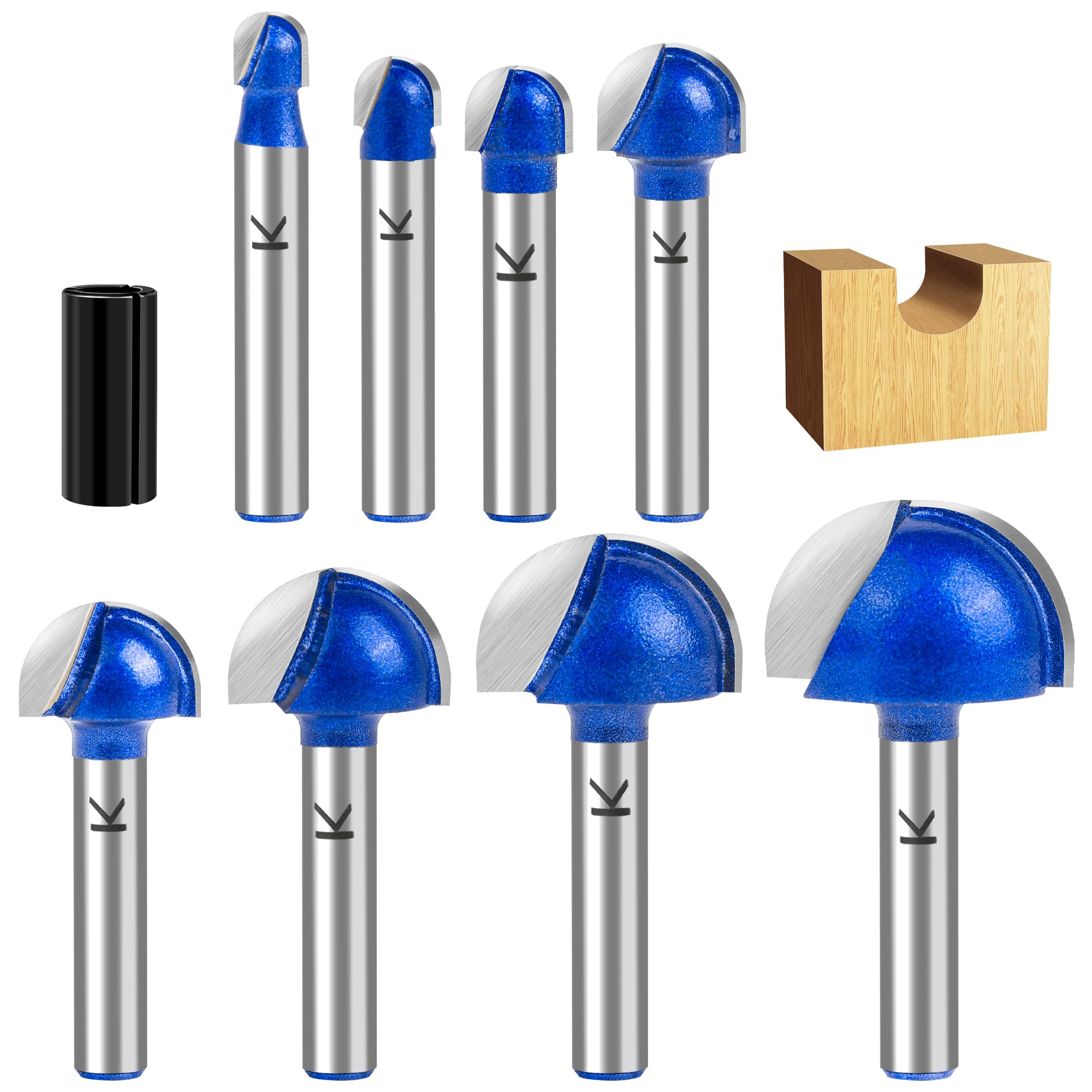 Set di 8 punte per fresa a punta tonda con gambo da 1/4", con punta in carburo da 1/4 5/16", 3/8", 1/2", 5/8", 3/4", 7/8", diametro di taglio, per fai da te, progetti di lavorazione del legno