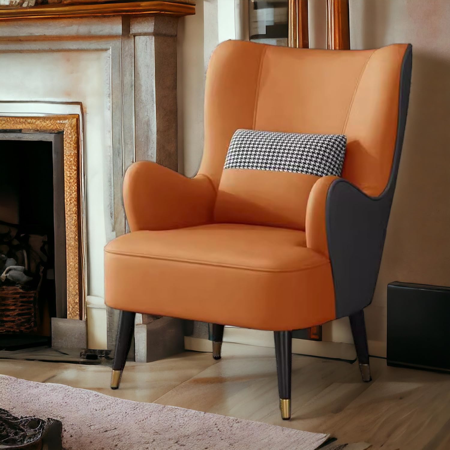 Chasterfield Velvet Accent Chair Wing Back Upholstered Armchair with Throw Pillow and Matel Legs for Living Room, Bedroom, Hallway (Orange-Grey)-image-41