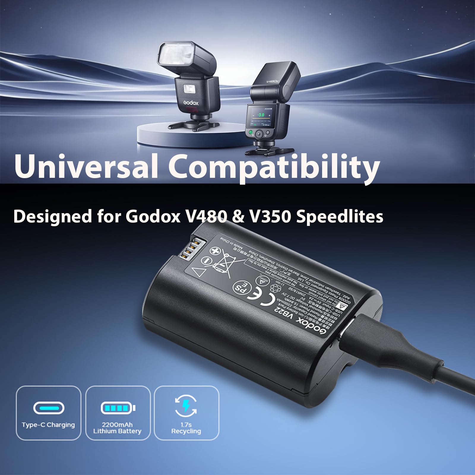 Godox Batterie de rechange VB22 pour V480, 7,2 V 2200 mAh Li-ion pour GODOX V480C / V480S / V480N / V480O / V480F et V350C / V350S / V350N / V350O / V350F Flash d'appareil photo Charge rapide USB-C