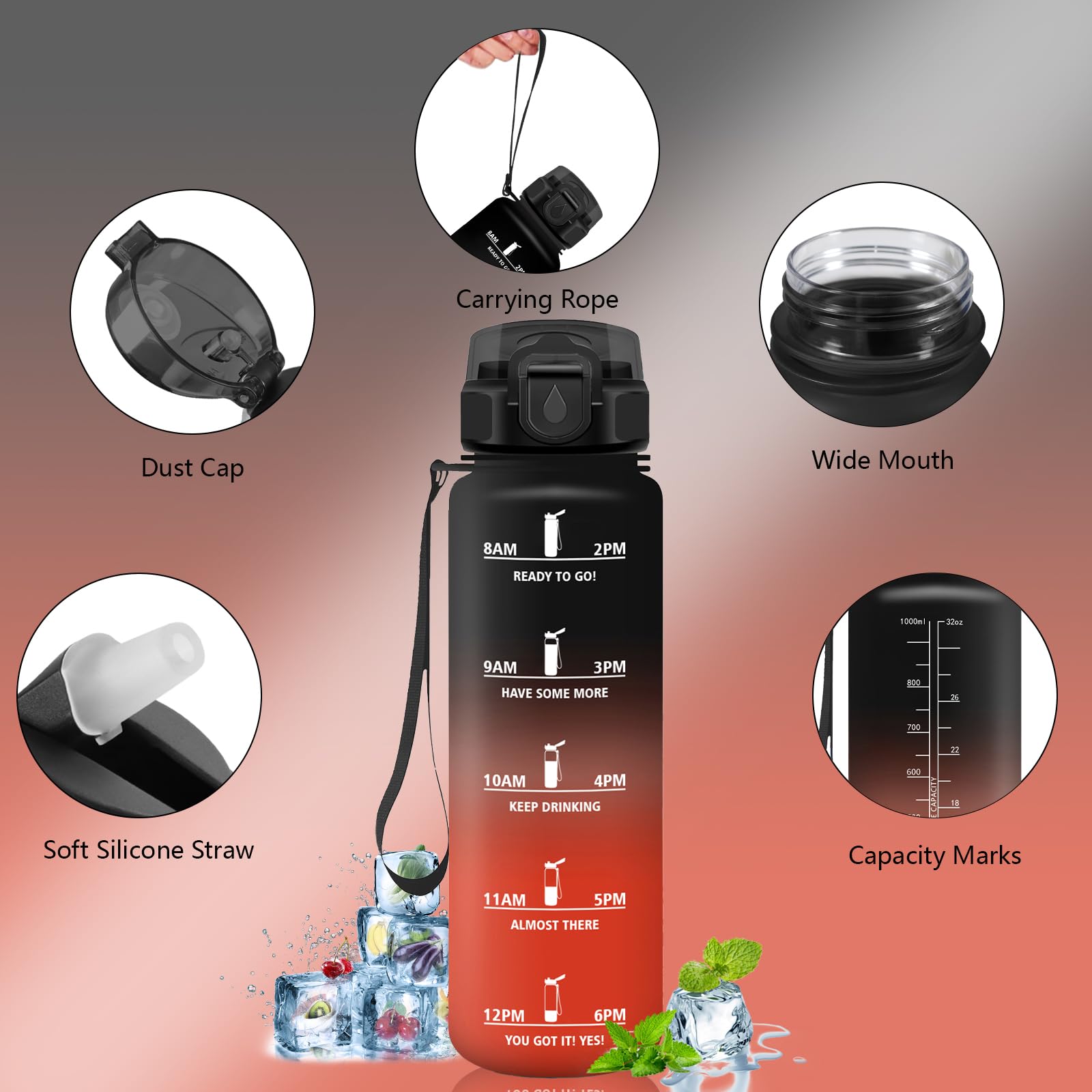 Mujigaga Botella Agua Gimnasio, A Prueba de Fugas Botella Agua 1 litro, Cantimplora con Pajita, Diseño de Cerradura, Cantimplora con Marcador de Tiempo para Deporte, Colegio, Exterior - 3