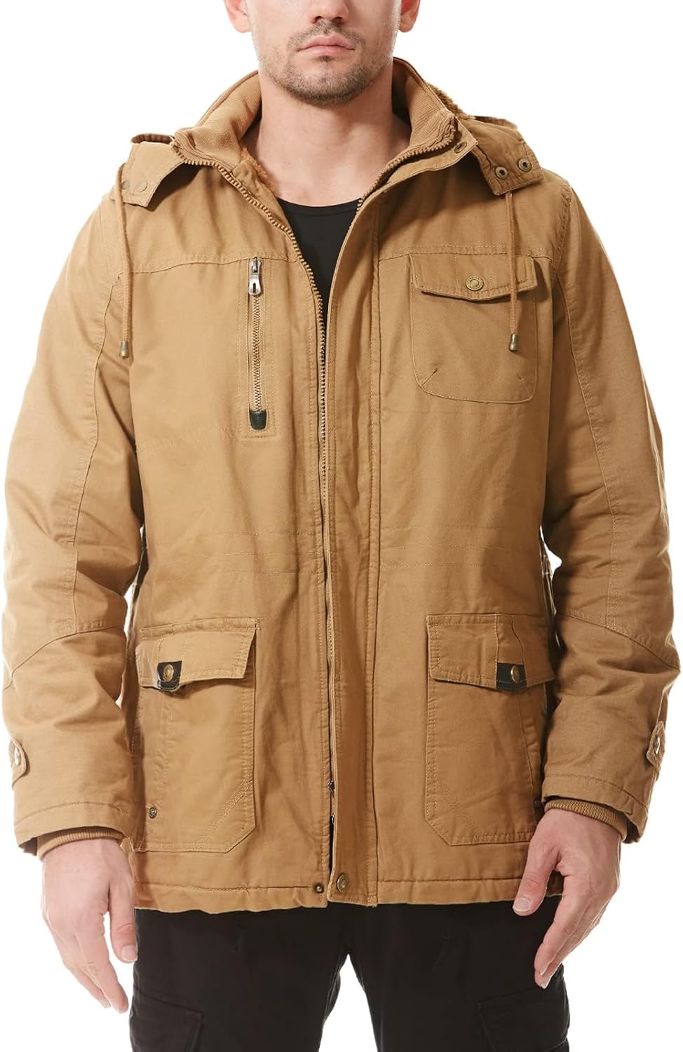 Mens Jacket Winter Casual Fleece Lined Cotton Thick Military Tactical Hooded Work Coats with Cargo Pockets - Image 2