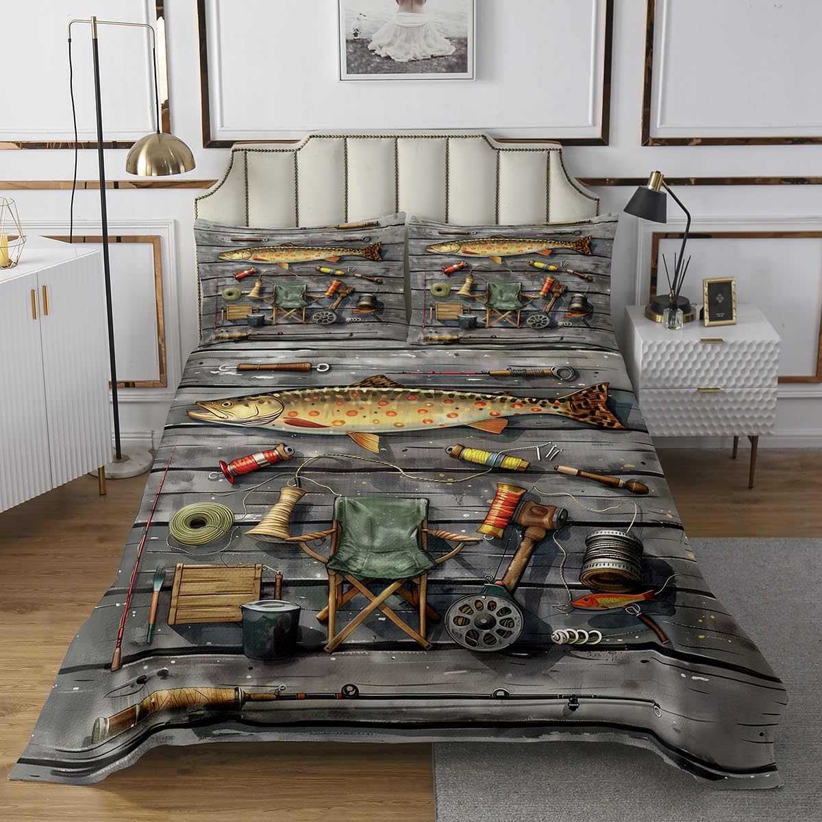 jejeloiu Big Pike Fish Quilted Coverlet King Size Fisherman Bedspread for Kids Boys Girls Decor Fishing and Hunting Coverlet Set Breathable Soft Lightweight Bass Big Fish Bedroom Decor