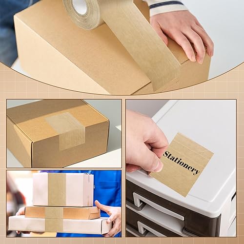 Miniatura 6 de Cinta de papel Kraft engomada activada por agua, 2.76 pulgadas x 49.2 yardas cinta de embalaje marrón para embalaje y envío seguros resistentes