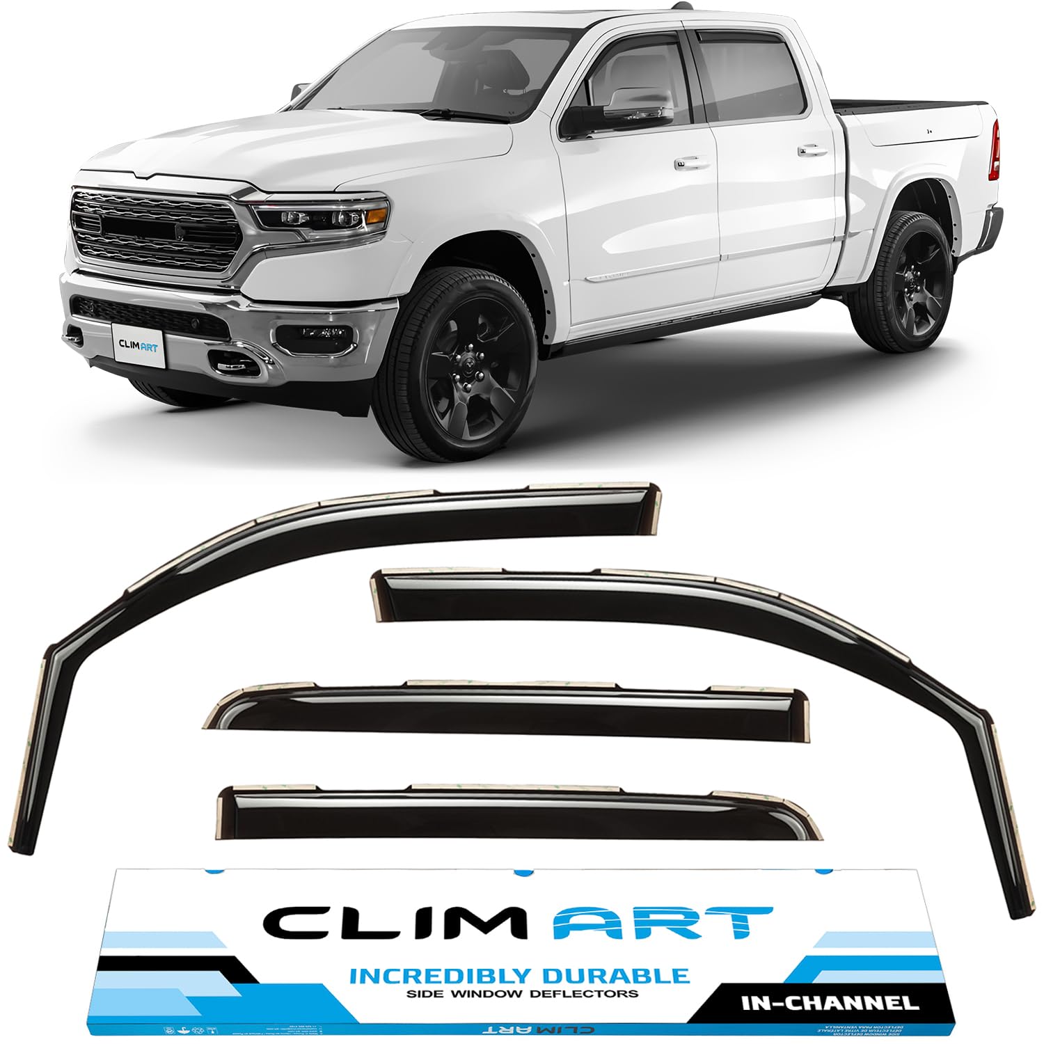 CLIM ART in-Channel Incredibly Durable Rain Guards for Dodge Ram 1500 (New Body Style) 2019-2026 Crew Cab, Original Window Deflectors, Vent Window Visors, Vent Deflector, 4 pcs. - 619006LP