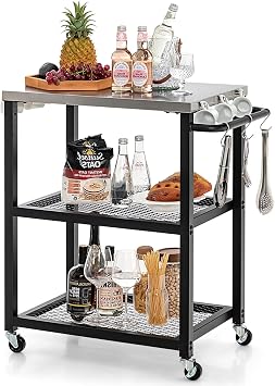 Byroce Grill Cart, 3-Shelf Outdoor Prep Table for Grill with Stainless Steel Top, 9 Hooks & Wheels, Movable Food Cooking and Pizza Oven Stand Table, Grill Table for Party BBQ Patio