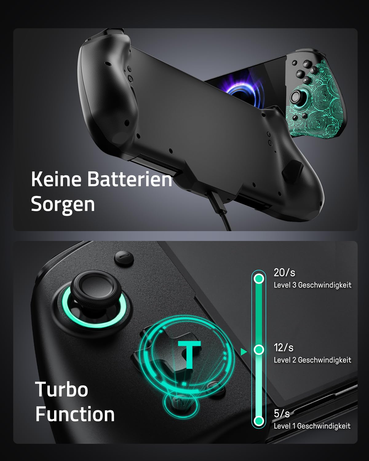 Luminpad ergonomischer Schalter-Controller, kompatibel mit Switch/OLED, 7 LED-Farben/Turbo/Mapping – Schwarz