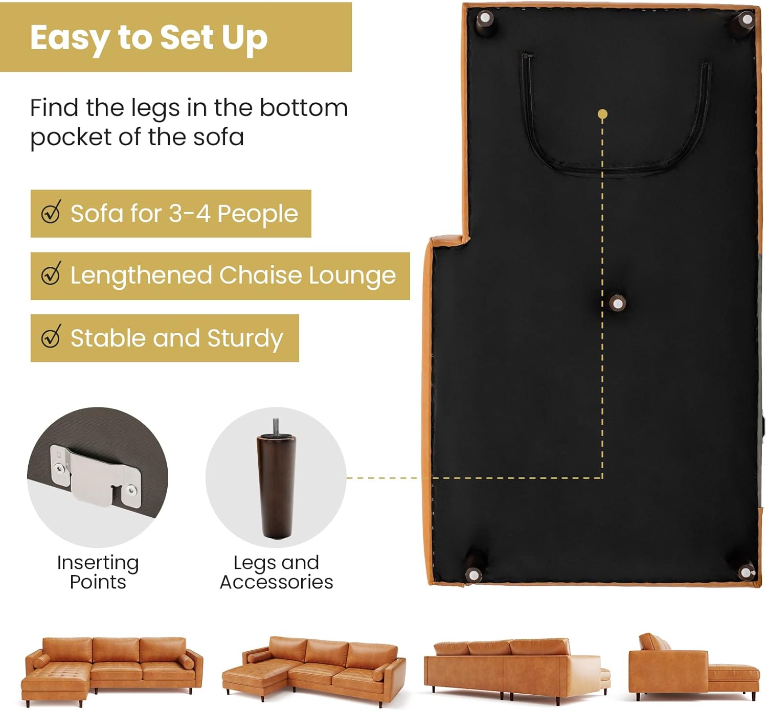 Giantex Sectional Sofa Couch with Chaise Lounge, L-Shaped 3-Seat Sofa Sleeper, CertiPUR-US Sponge Air Leather, 9 Birch Wood Legs, Backrest and Bolsters, for Living Room Apartment Office Easy Assembly : Home  Kitchen