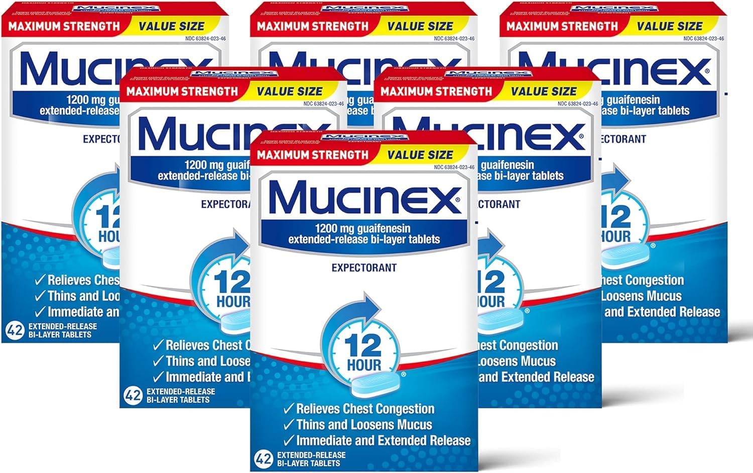 Mucinex Maximum Strength 12-Hour Chest Congestion Expectorant Tablets, 42 ct (Pack of 6)