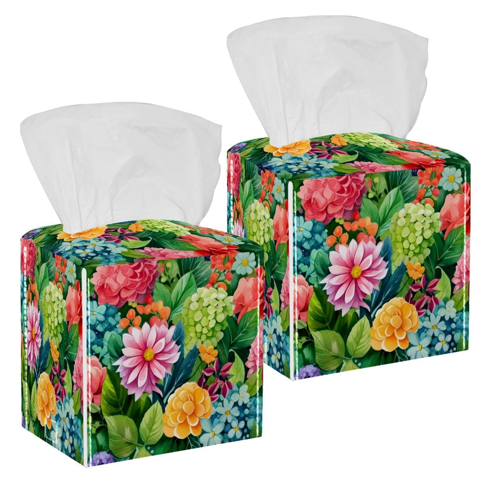 Flowers Tissue Box Cover, 2 Pack PU Leather Square Facial Tissue Dispenser Box holder for Home Office Car