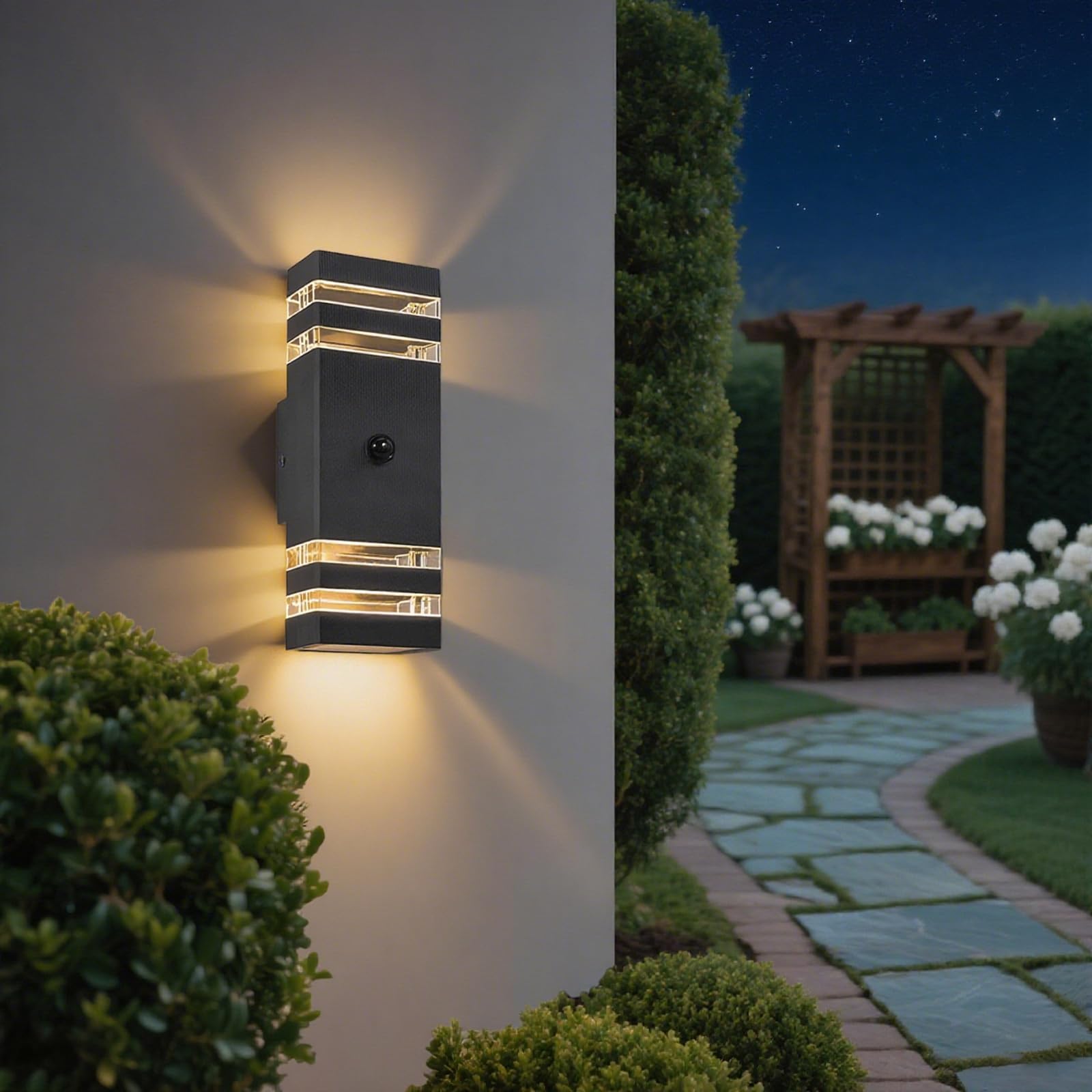 JNR Außenlampe mit Bewegungsmelder, GU10 LED Aussenlampe Anthrazit 2 Pack | Außenleuchte mit PIR Bewegungsmelder, IP54 Wasserdichte 230V Aluminium Aussenlampe, 2x5W GU10 3000K LED Glühbirne