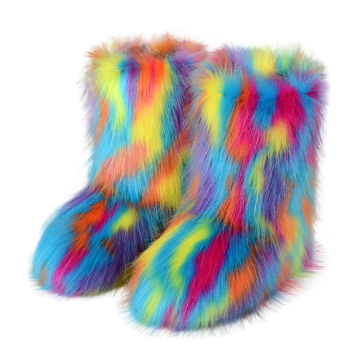 Eosxrp Furry Faux Fur Boots Women's Winter Shoes Woman Fluffy Warm Snow Boots Mid-Calf Comfortable Outdoor Flat