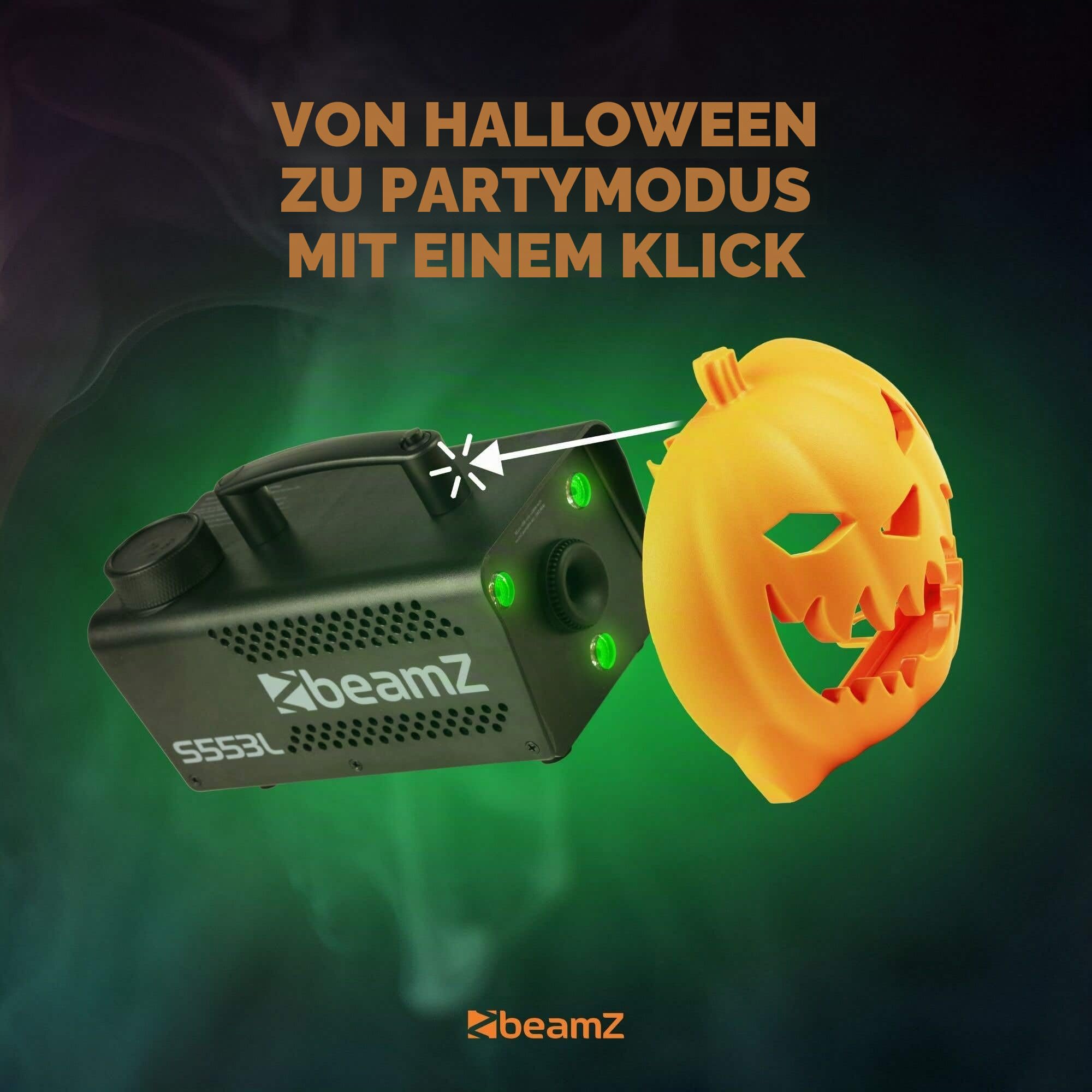 BeamZ S553L Nebelmaschine Halloween Deko mit LED Kürbis Kopf - 550 Watt Rauchmaschine mit LED UV Bar, 2-in-1 mit Halloween Kürbis Deko, 16 Farben Lichteffekt, Soundeffekt Nebelmaschine Mini