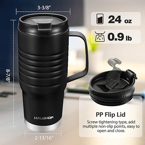Miniatura 80 de HAUSHOF Taza de viaje de 24 onzas con asa, taza de café aislada al vacío de acero inoxidable, tazas de viaje de doble pared con tapa a prueba