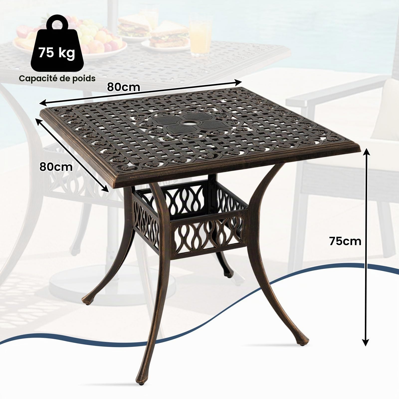 GIANTEX Table de Jardin Bronze avec Trou de Parasol de Ø 4,8 cm, Table de Balcon en Fonte d'Aluminium 80 x 80 cm pour 4 Personnes, Pieds Réglables, pour Terrasse, Jardin