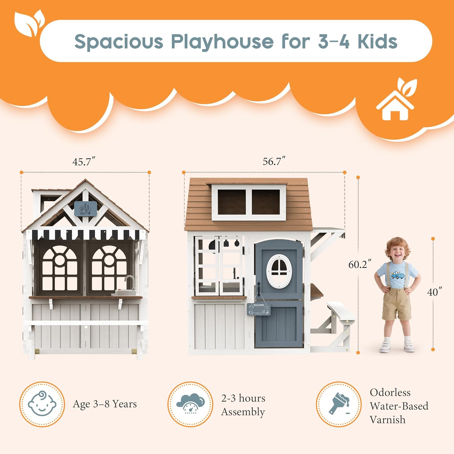 Albott Kids Outdoor Wooden Playhouse with Kitchen Set, Chalkboard, Durable Fir Wood Construction with Waterproof Roof & Rust-Resistant Hinges, Pretend Playhouse for 3–8 Years Old Boys & Girls