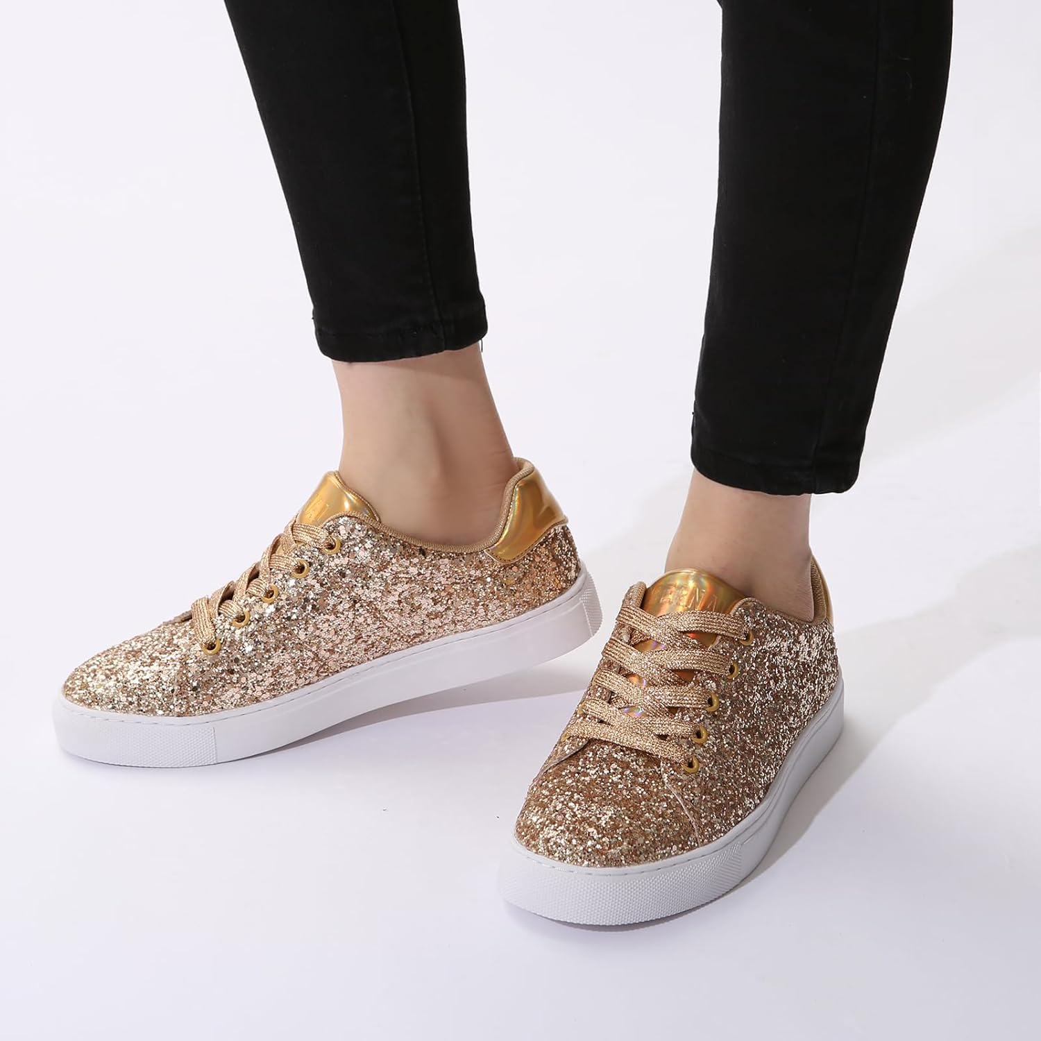 Bernal Women Glitter Sneakers Fashion Shiny Sparkle Sneakers Lightweight Rubber Outsole Non Slip Lace Up Walking Shoes - Image 2