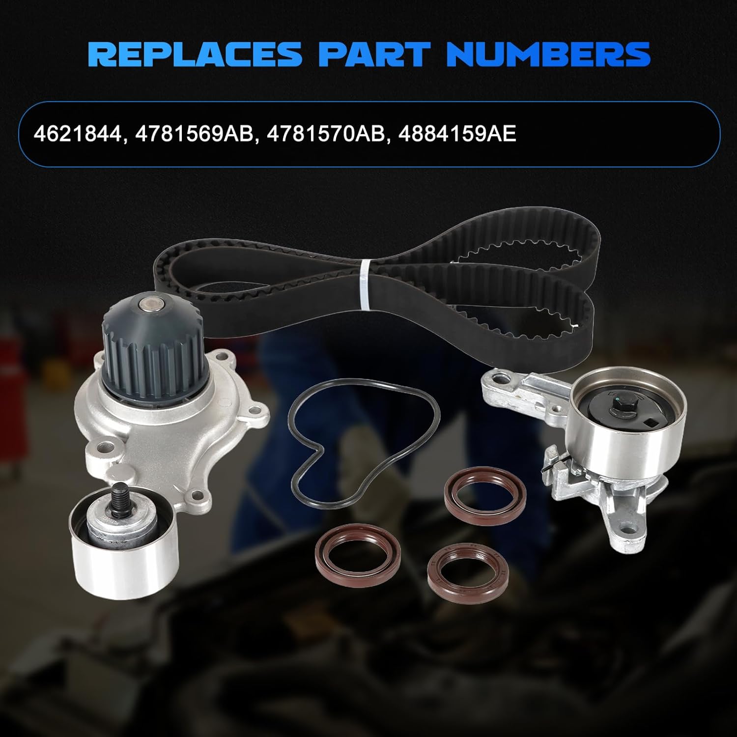 4621844 Engine Timing Belt Kit Water Pump Fits for 2003-2005 Neon 2.4L, for 2003-2009 PT Cruiser 2.4L Replacement 4781569AB, 4781570AB, 4884159AE