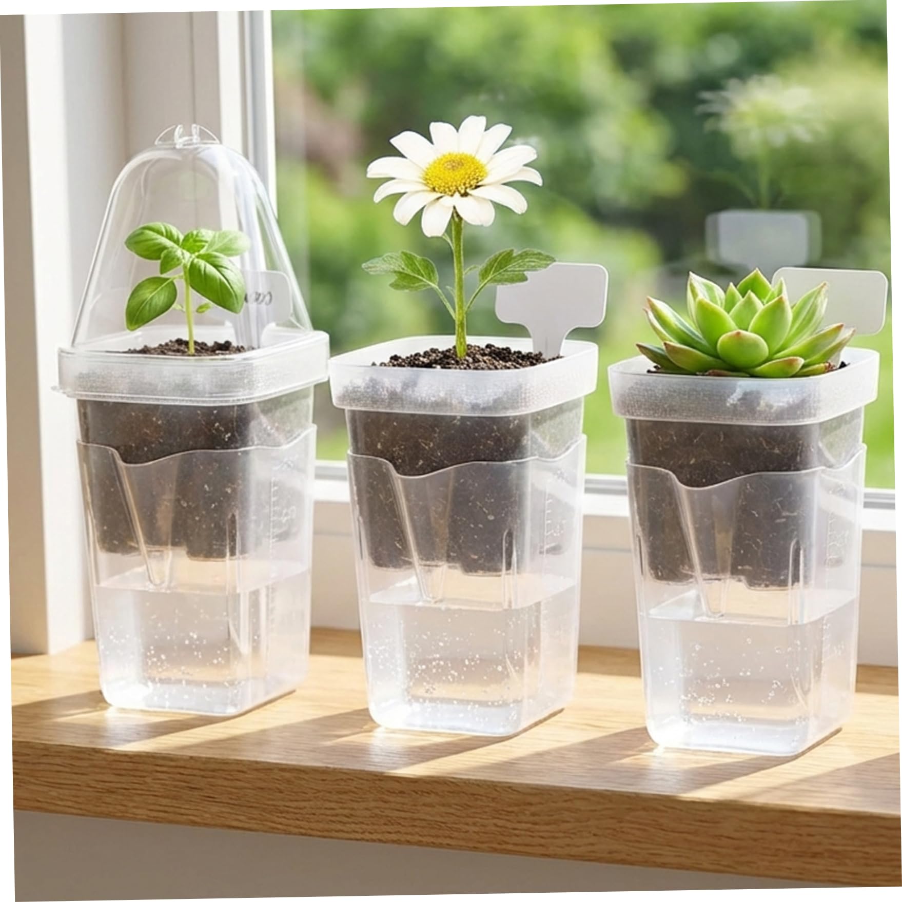 Confezione da 12 vasi autoirriganti, Sistema di irrigazione Automatica delle Piante con cupole umide e stoppini per piantine, Piante grasse e talee - Piccoli vasi da vivaio con drenaggio