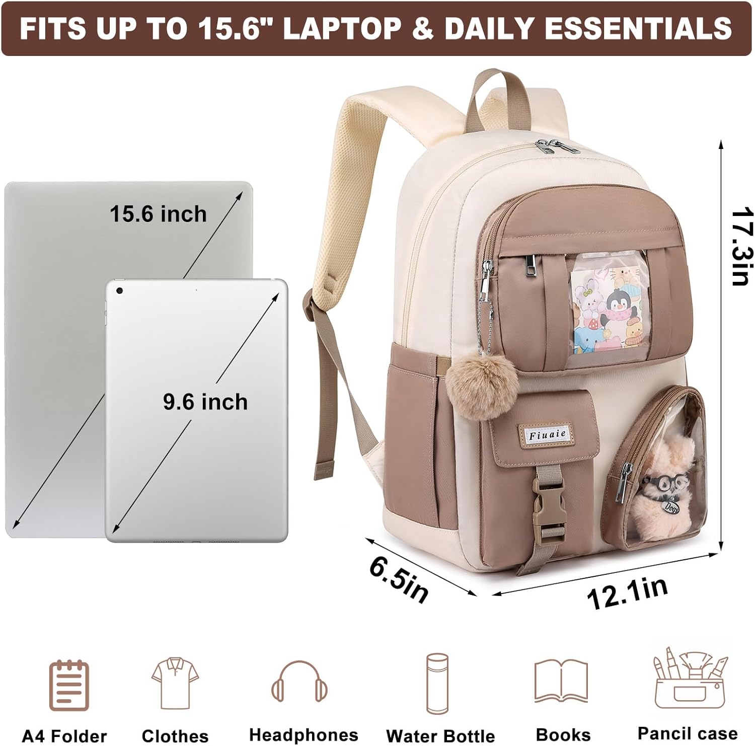 FIUAIE School Backpack for Teen Girls Bookbag: Cute 15.6 Inch Backpacks for Kids Middle High School BookBags Durable Laptop BackPack for Women Student Casual Daypack for Travel Khaki Beige