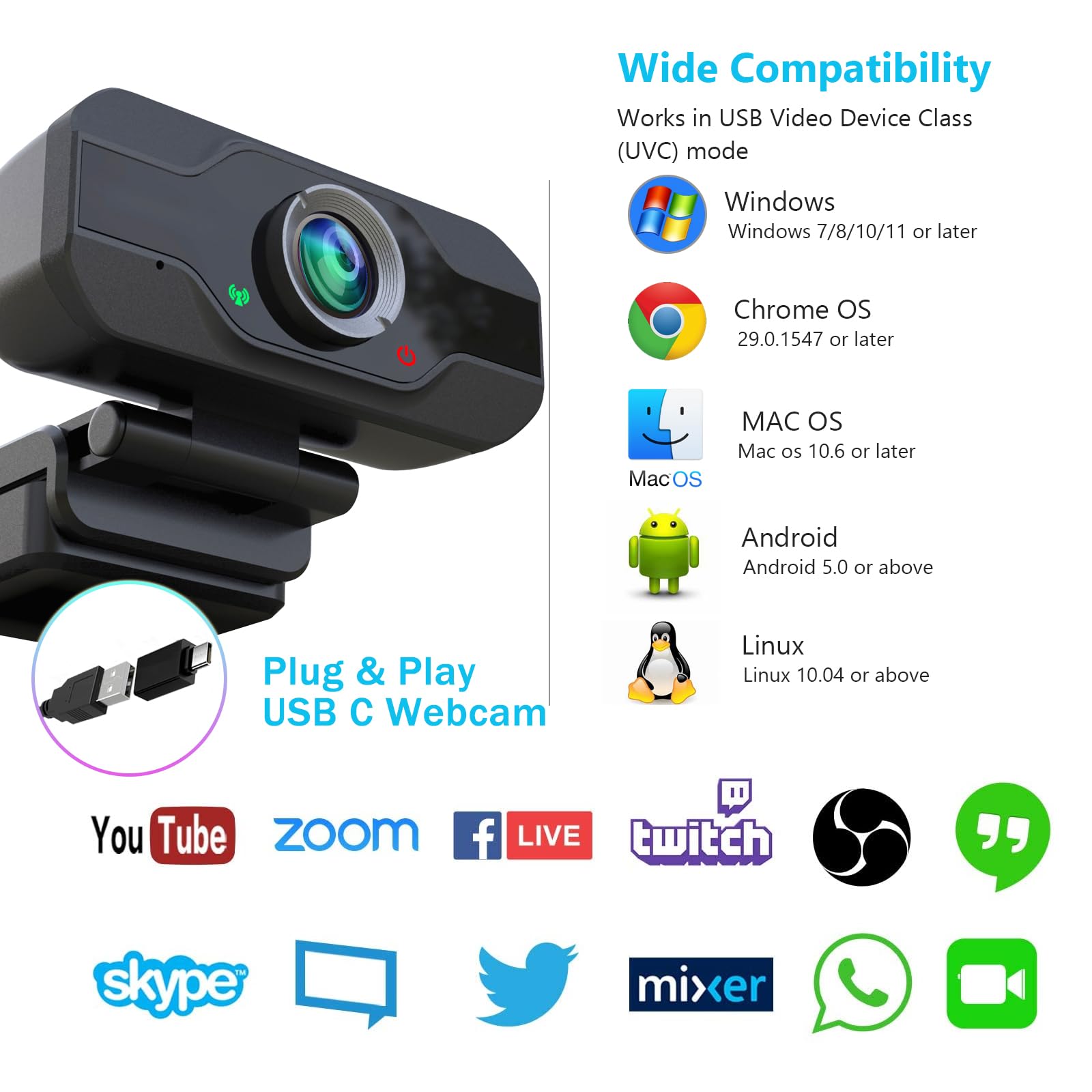 Cámara web para PC 1080p, cámara web de PC con micrófono y visión amplia, corrección automática de luz, cámara web de computadora para escritorio, cámara web USB C Plug & Play para laptop, PC