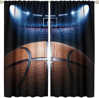 Dreamy Sport Basketball Gym Curtains, Dim Vintage Competition Venues with Glitter Spotlights Focus, Blackout Rod Pocket Window Treatments for Kids Boys for Living Room Bedroom Bathroom 42x45 Inch