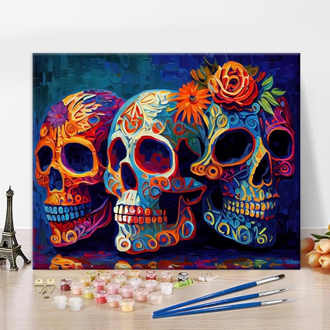 Paint by Numbers for Adults, Mexican Day of The Dead Skulls Artwork Paint by Number Kits Unframed Paint by Numbers for Adults Beginner Colorful Skull Art Wall Decor Acrylic Paints 16