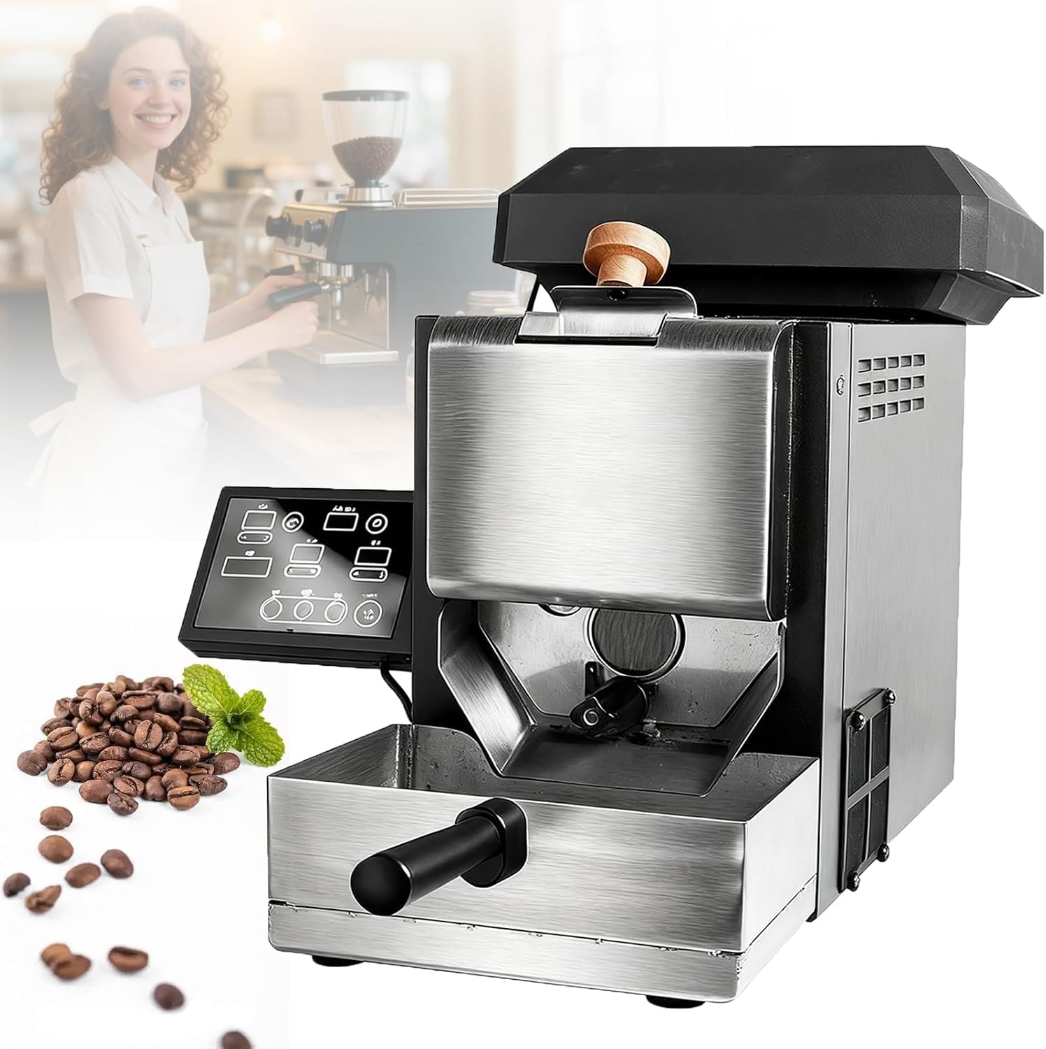 Tostadora eléctrica de granos de café con capacidad para 200 g, diseño de tambor sin humo, modos automático y manual, bandeja de enfriamiento desmontable y recolector de cáscaras.