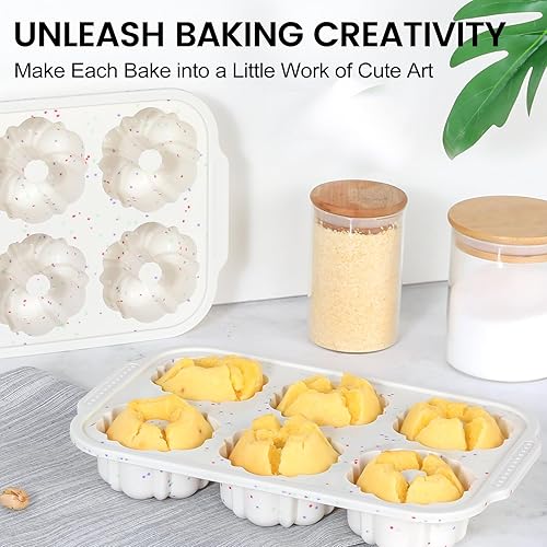 Miniatura 9 de CAKETIME Mini molde de tubo estriado con marco reforzado de metal, 6 cavidades de silicona antiadherente moldes para tartas pequeñas, 2 piezas para