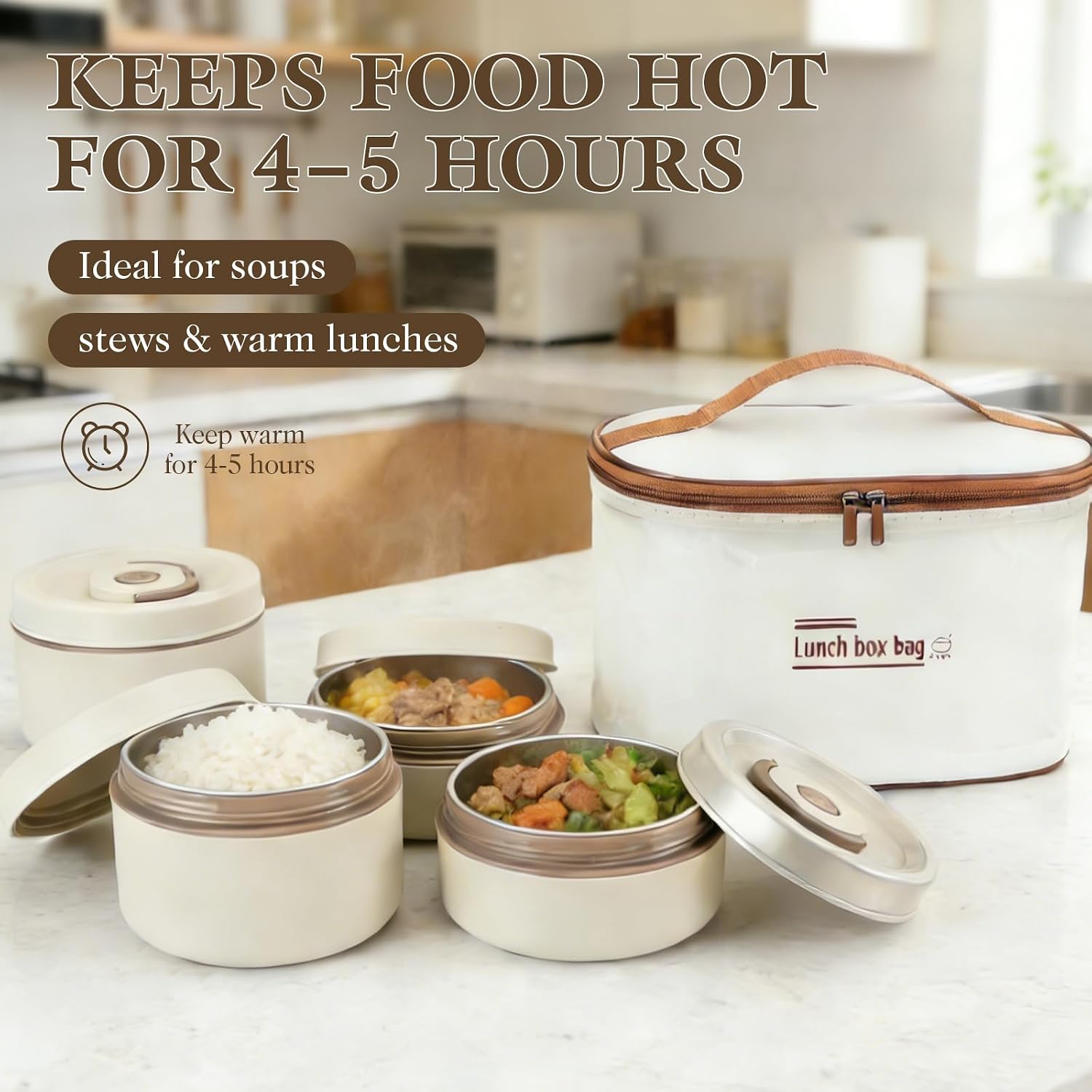 Insulated Lunch Box for Hot Food, 4 Stackable Containers with Insulated Lunch Bag, 316 Stainless Steel Liner, Leak-Resistant Soup Container, Adult Lunch Box for Work & Travel