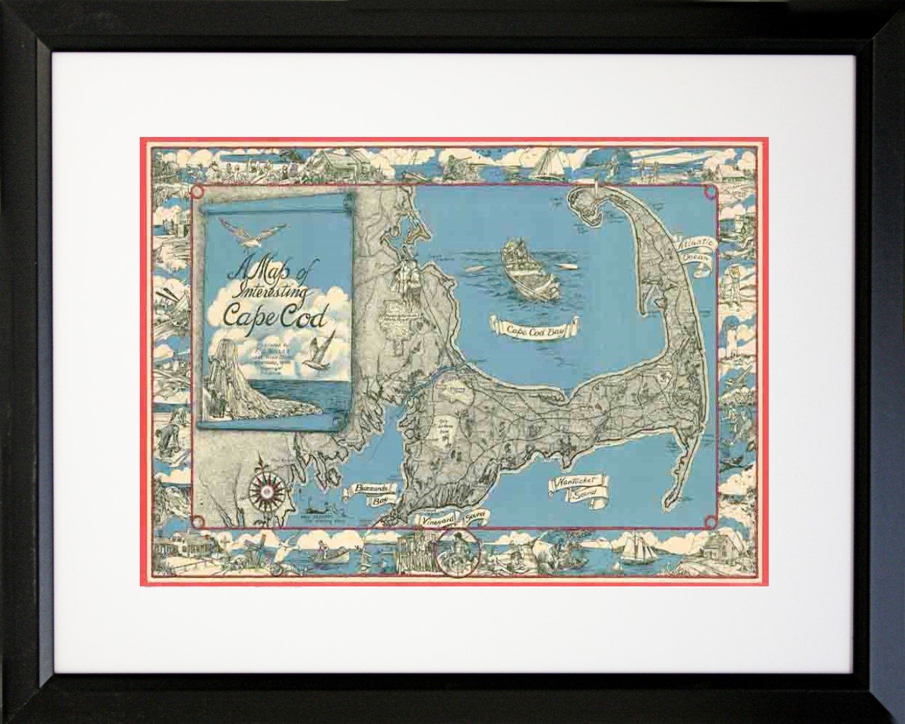 Enmarcado 1945 Miller Mapa de Cape Cod paspartú, 20 x 16 Art Print Póster abstracto Vintage mapa de Cape Cod masa