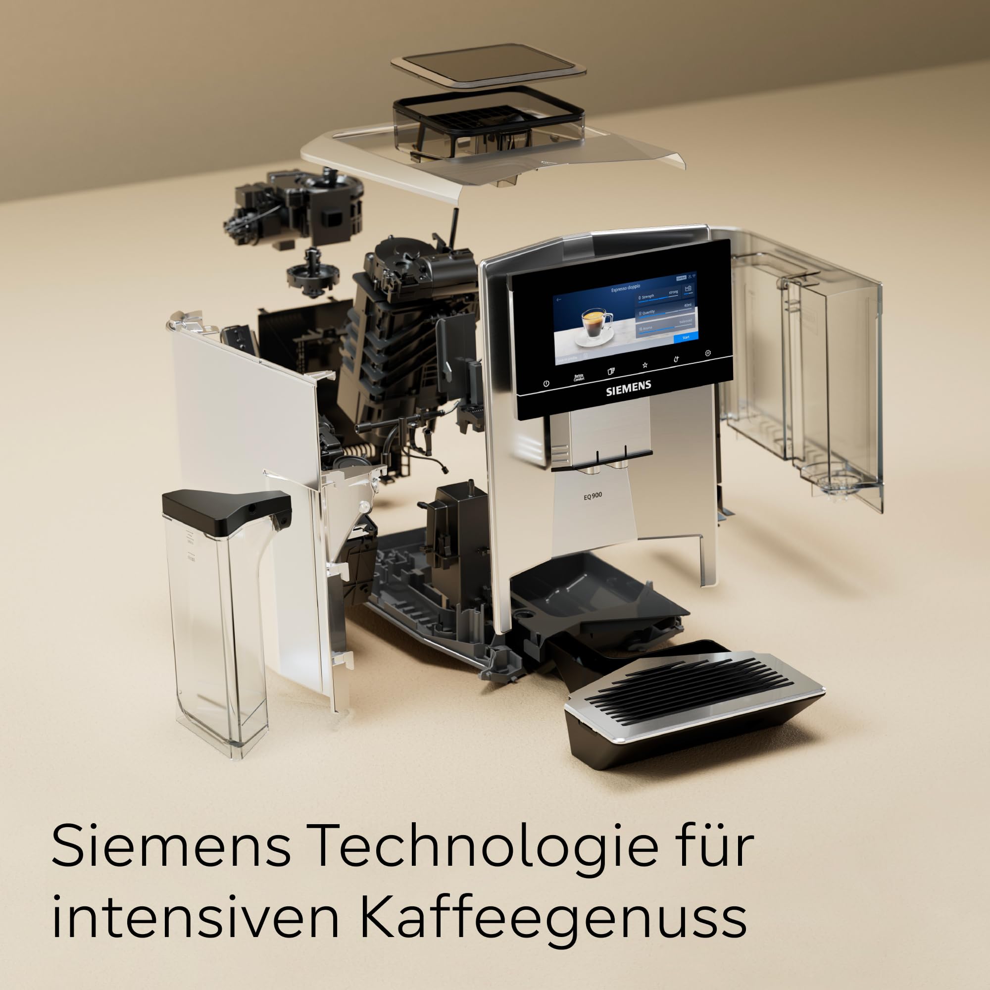 Siemens Kaffeevollautomat EQ900, großes farbiges TFT-Display, 36 Heiß- und Kaltgetränke, Cold Brew, super leise, Keramikmahlwerk, Doppeltassenfunktion, Steuerung per App, Edelstahl, TQ905D03