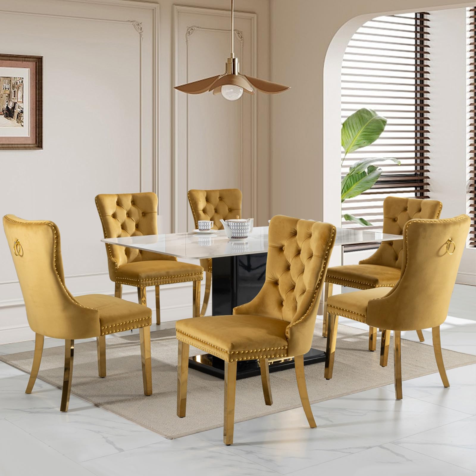 SoarFlash Velvet Dining Chairs Set of 6, Tall Back Side Chair, Modern Upholstered Side Chair with Button Back Ring, Gold Plated Stainless Steel Legs (