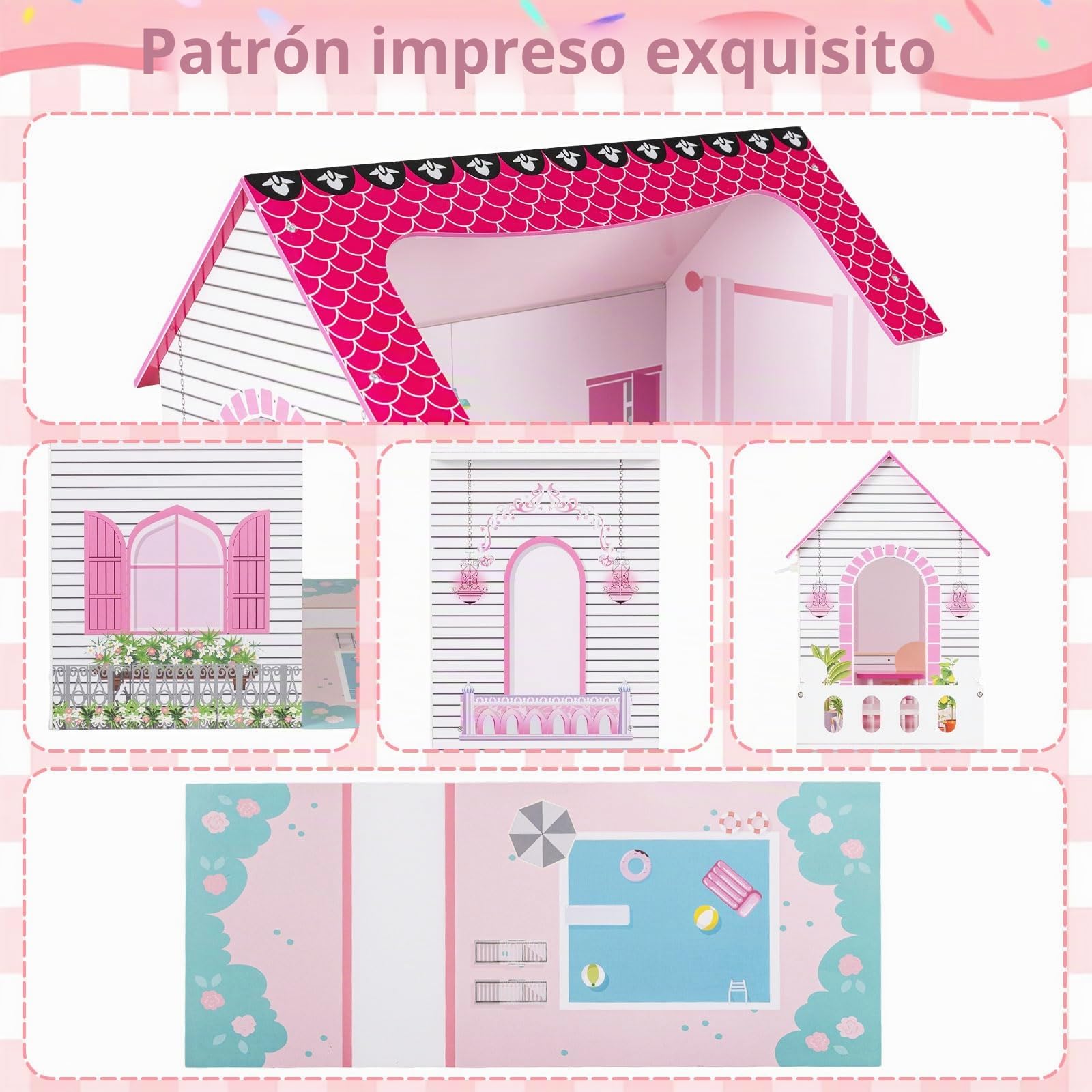 FANTASK Casa de muñecas de Madera de 120,5 cm de Alto, 3 Niveles y 17 Muebles, casa de Juegos para niñas y niños a Partir de 2 años, 73 x 34 x 120,5 cm (Rosa)
