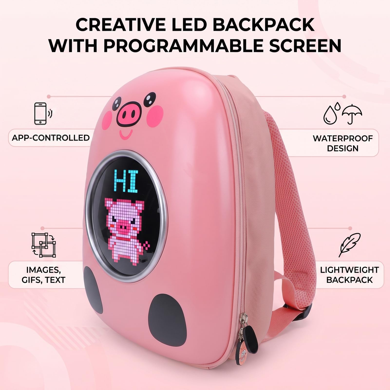 Zaino Impermeabile per Moto, Zaino LED con Controllo APP, Schermo a Colori Programmabile Animazione GIF, Leggero per Viaggio Lavoro Escursionismo Rosa