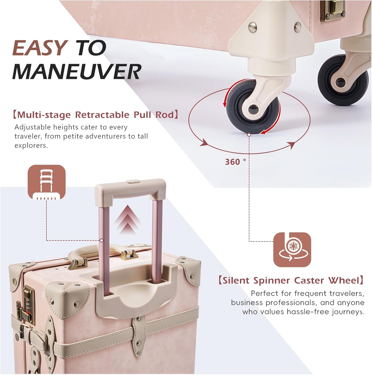 Vintage Carry-on Luggage Set of 2, Retro Leather Suitcase with Cosmetic Train Case for Women(Velvet Pink, 20''+12'')