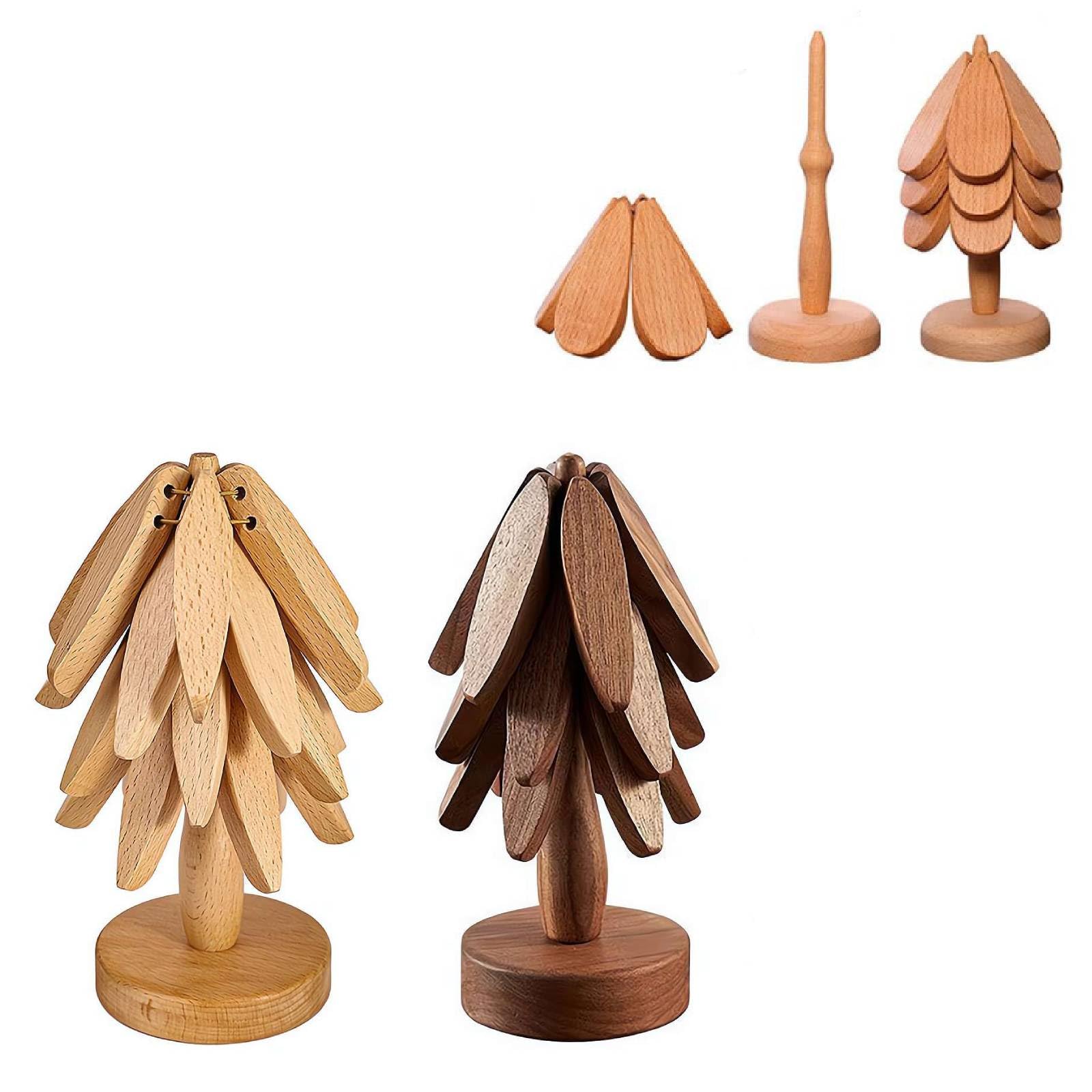 5 Dessous De Plat En Bois Pliables + Support Forme Arbre - 20x20 Cm Chacun - Protège Plans De Travail Des Plats Chauds
