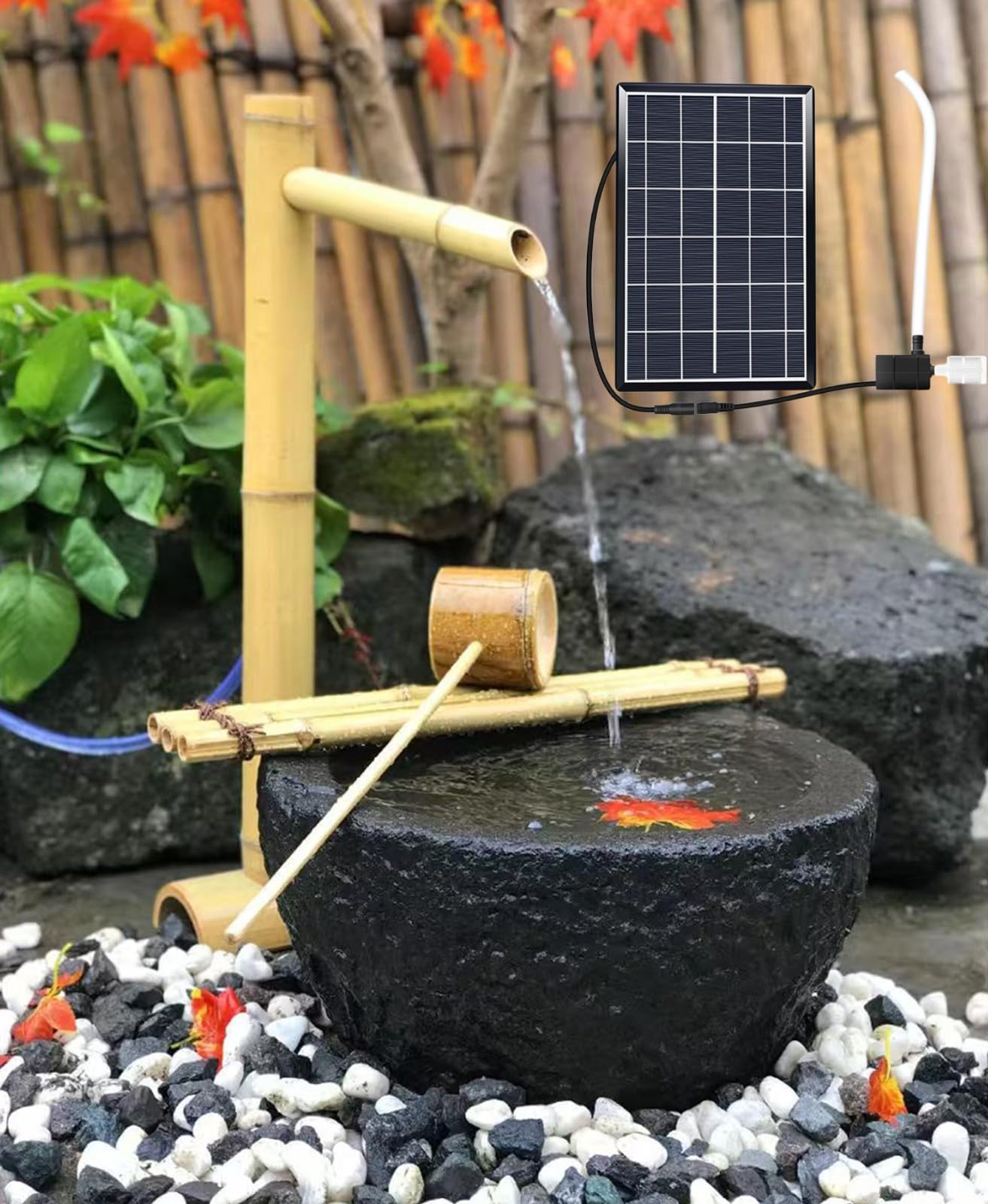Solarna fontanna wodna na zewnątrz, bambusowa fontanna z pompką, panel słoneczny 6 W, rura wodna 2 m, do ogrodu Zen, podwórka i trawnika, funkcja wody o wysokości 70 cm