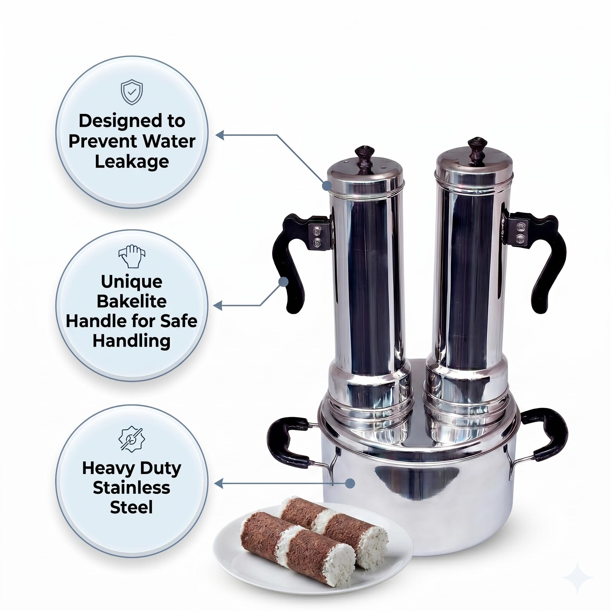 Nakshathra Stainless Steel Puttu Maker with Steamer, Puttu Kudam, 2 Puttu Pipe & Free One Extra Pipe, Gas & Induction Compatible, Durable Food-Grade Rice Cake Maker 4