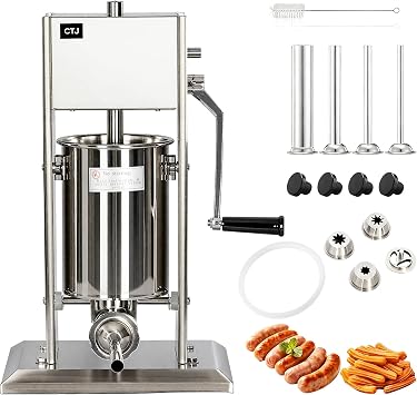 CTJ Sausage Stuffer 7Lb/3L Manual Sausage Makers Two Speed 304 Stainless Steel Vertical Sausage Stuffers Machine with 4 Filling Tubes & Nozzle - Churro Maker for Home & Commercial Use