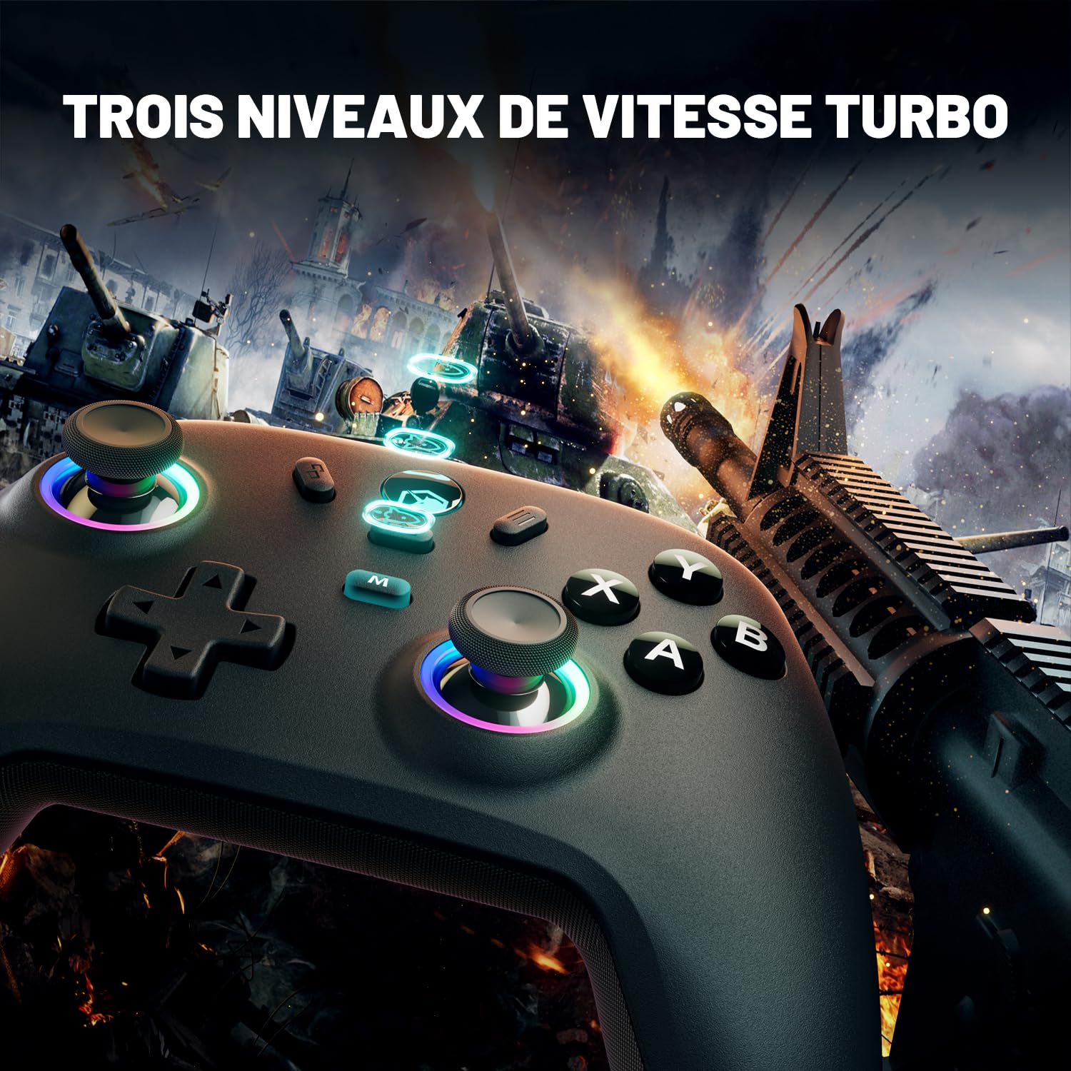 ECHTPower Manette PC, Gaming Manette Sans Fil avec Joystick à Effet Hall, 1000Hz, 3 Modes 2.4G/Bluetooth/Filaire, Turbo, Vibration, Lumières RGB, Batterie 800mAh, Compatible PC/Switch/Android/iOS