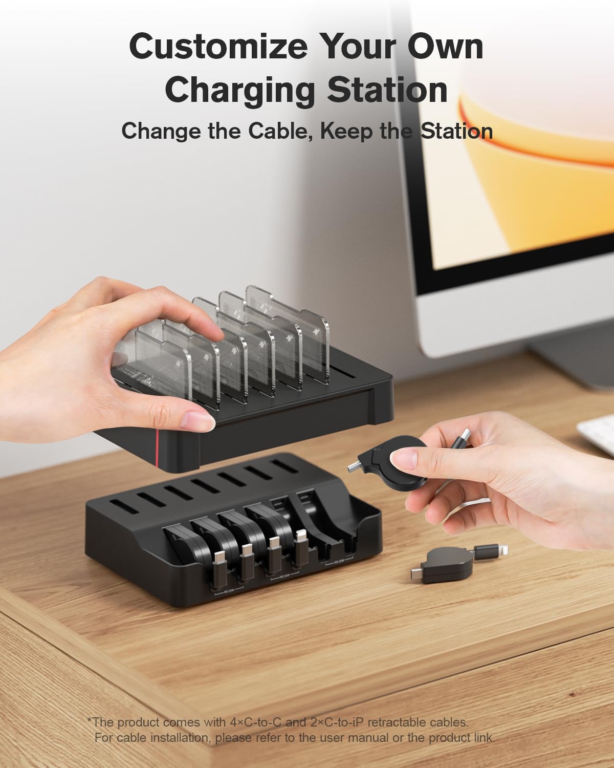 SooPii HomeHub H1, estación de carga de 60 W para múltiples dispositivos con 4 cables retráctiles magnéticos C a C y 2 C a iP, organizador de cargador para iPhone 17/16, tablet, Samsung, AirPods y más